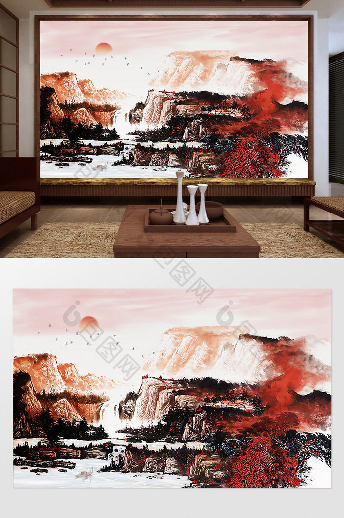 中国风国画流水瀑布流水生财背景墙