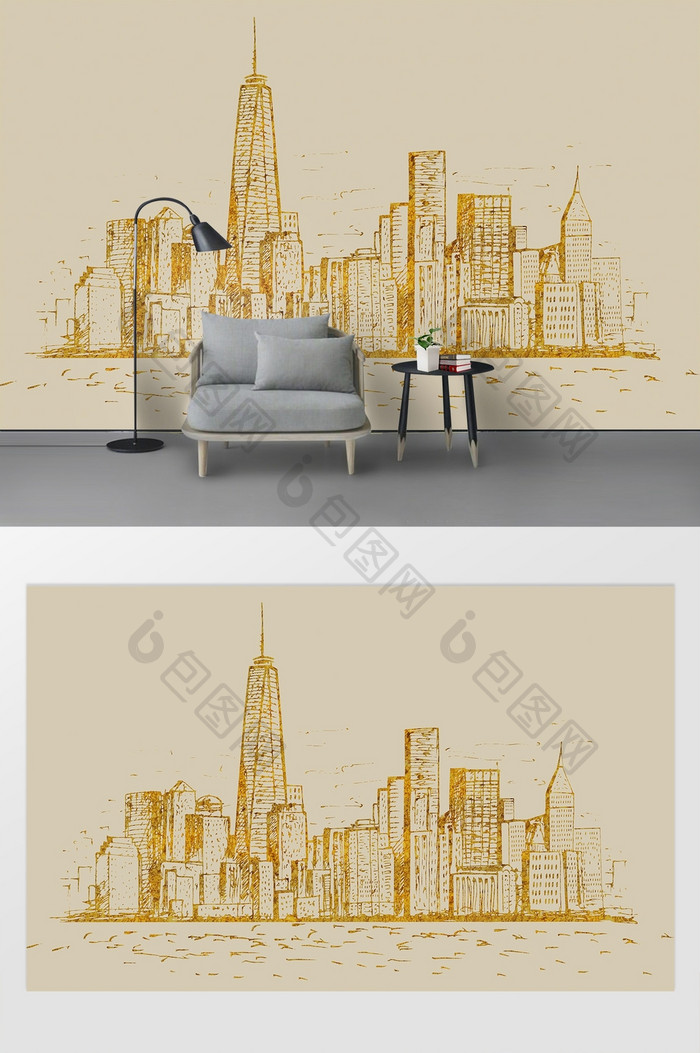 曼哈顿城市风景线稿背景墙
