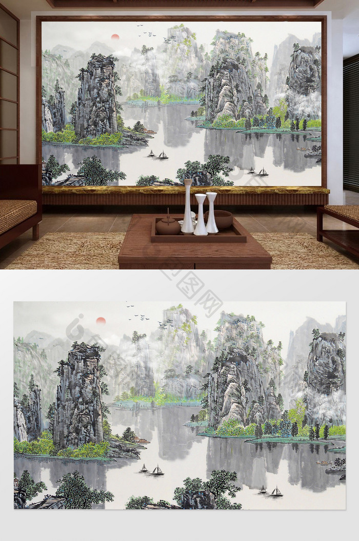 中国风手绘国画山水画电视背景墙