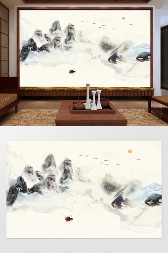 新中式水墨意境山水背景墙图片