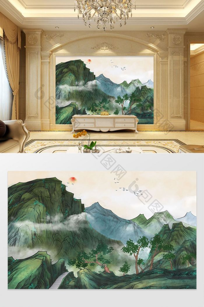 中国风水墨水生财中国风山水风景瀑布背景墙