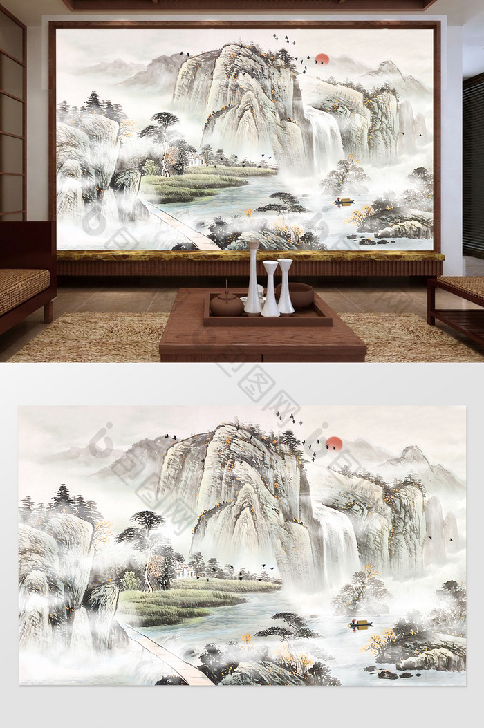 新中式国画水墨山水流水生财电视背景墙