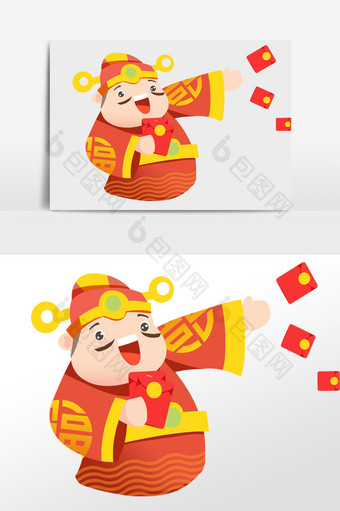 卡通2019猪年大吉财神红包海报插画图片