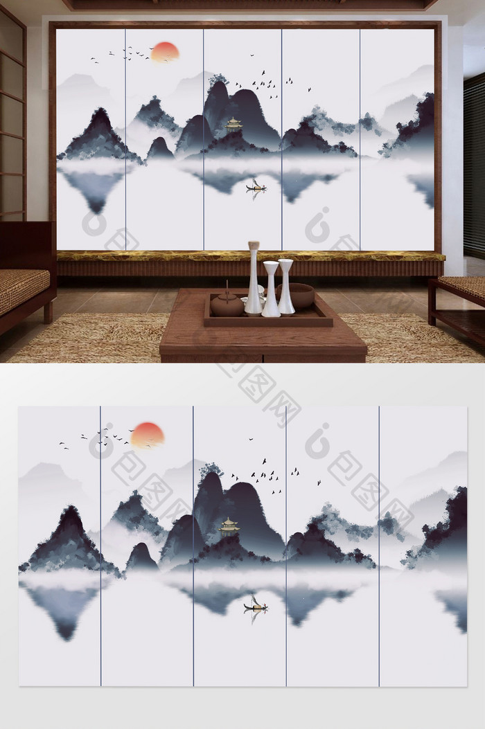 新中式创意风格唯美水墨山水电视背景墙