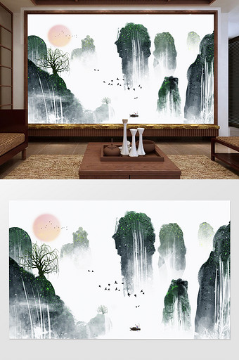 新中式水墨创意山水电视背景墙图片