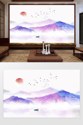 新中式水墨象山水日出背景墙定制图片