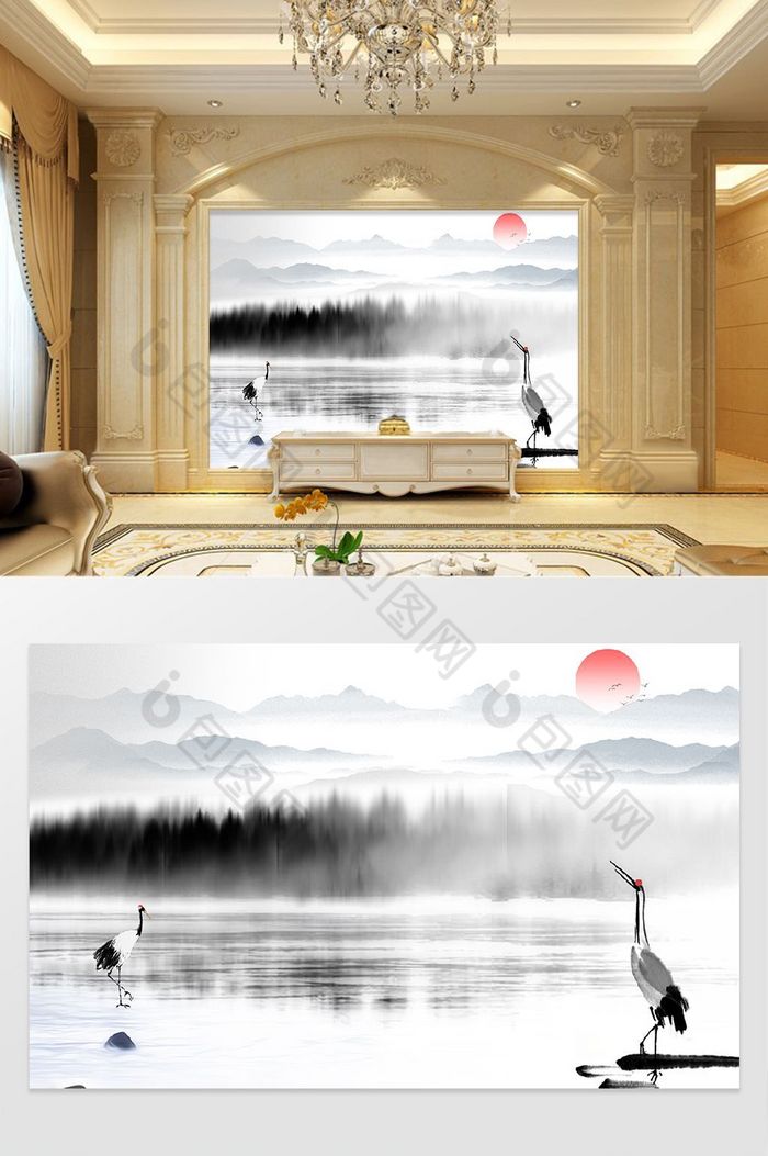 新中式抽象蓝色水墨山水电视背景墙效果图-【包图网】