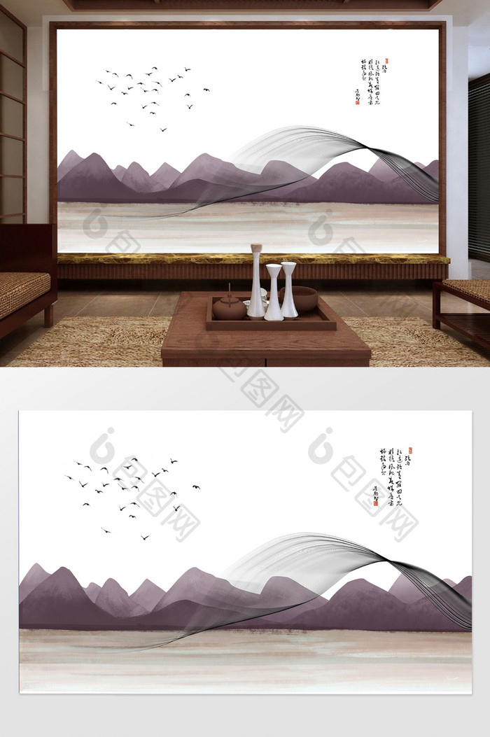 中式抽象山水飞鸟背景墙定制