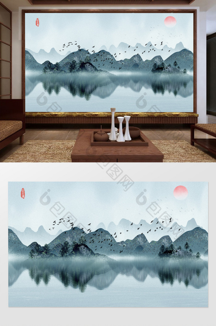 新中式水墨山水手绘水墨画意境电视背景墙