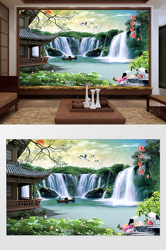 中式带框流水生财古楼阁瀑布白鹤电视机背景图片
