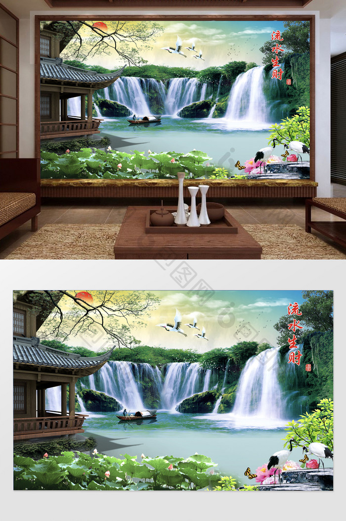 中式带框流水生财古楼阁瀑布白鹤电视机背景