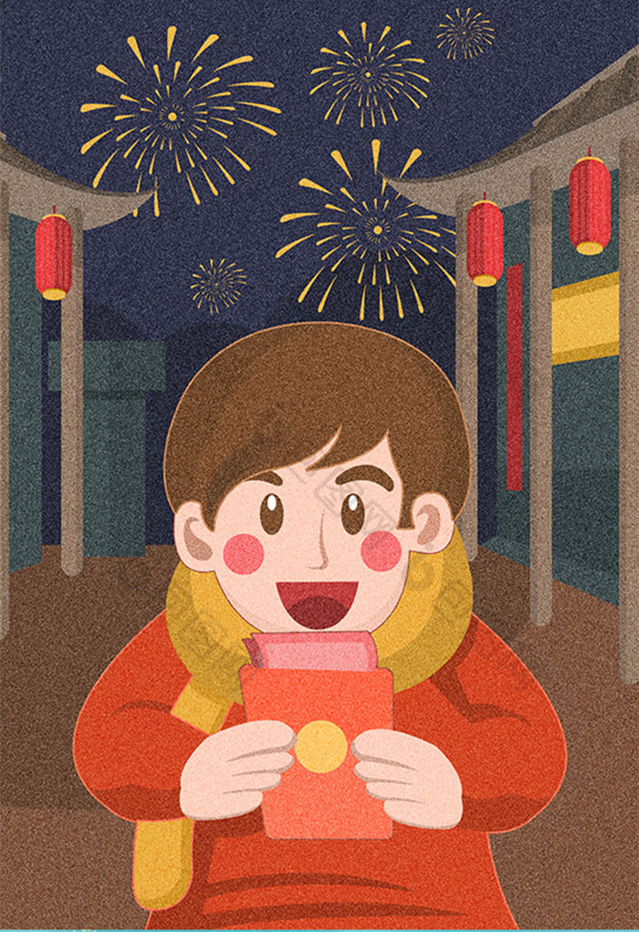 大红色喜庆2019 新年男孩拿红包插画