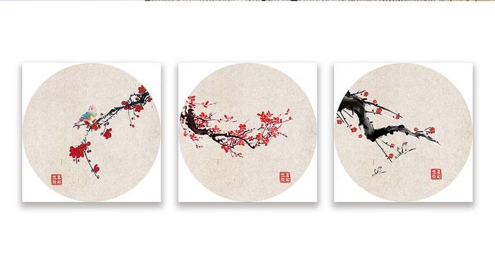 中国风手绘花鸟三联装饰画