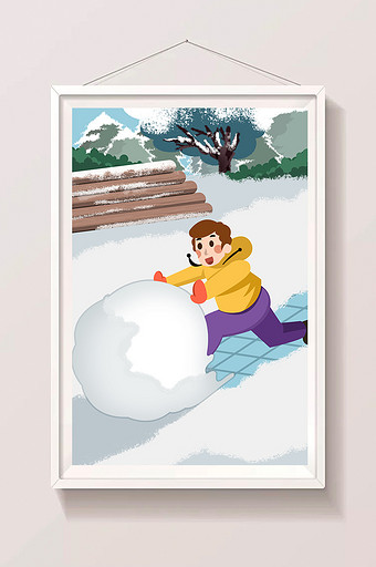 可爱卡通大雪节气男孩玩雪球插画图片