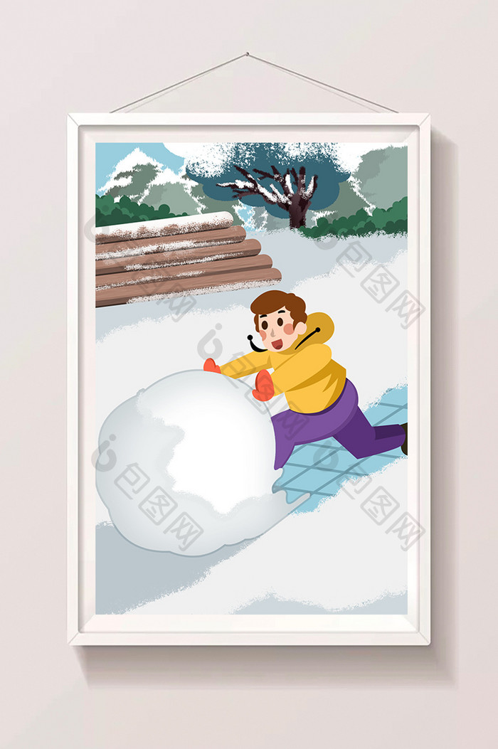 可爱卡通大雪节气男孩玩雪球插画