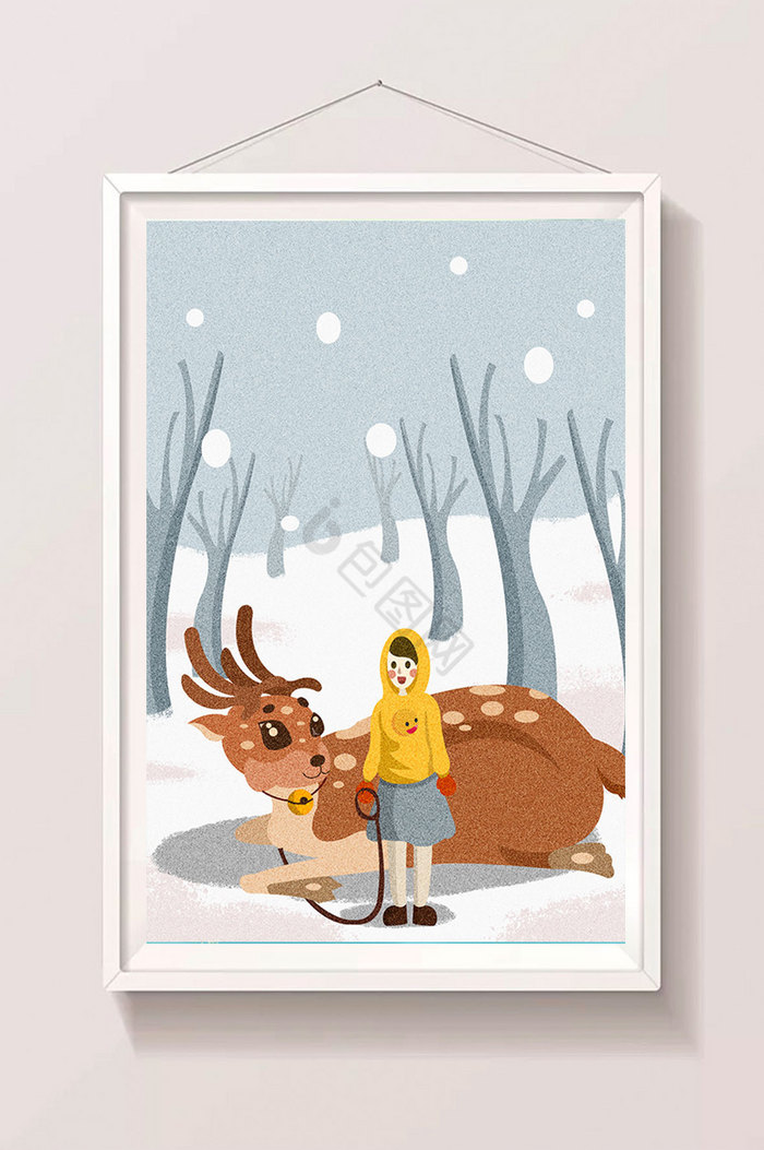 大雪节气女孩与梅花鹿插画图片