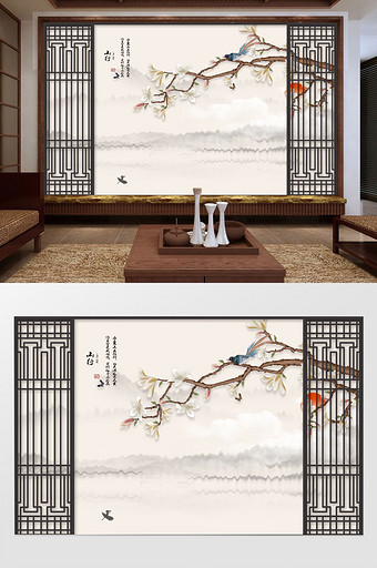 新中式意境花枝水墨山书法梅花鸟背景墙图片
