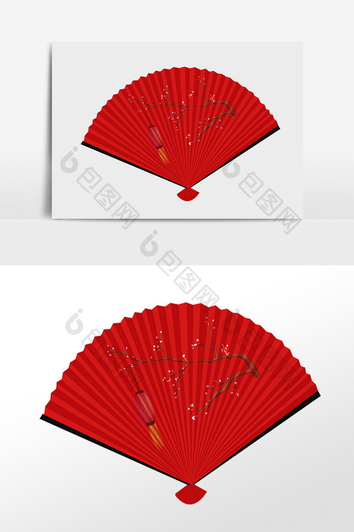 手绘年会红色古风扇子插画元素图片