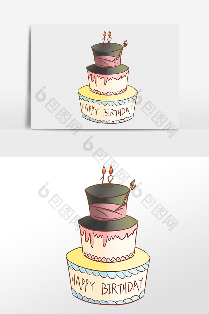 手绘美味三层生日帽子蛋糕插画元素