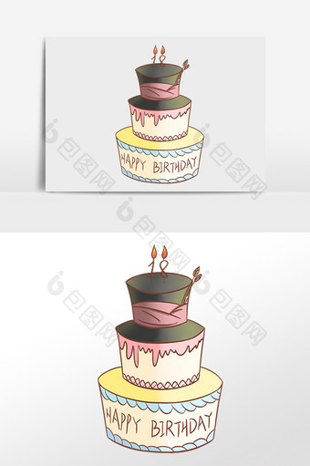 手绘美味三层生日帽子蛋糕插画元素图片