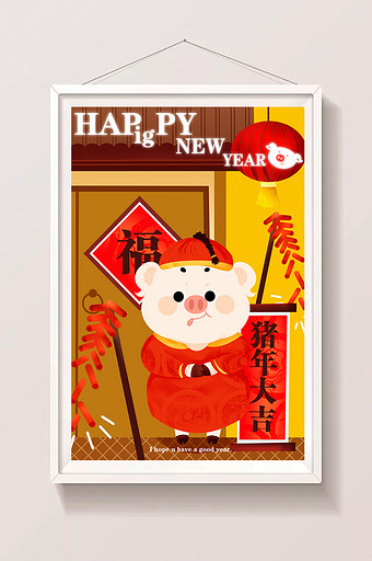 红色喜庆可爱2019新年猪年小猪插画图片