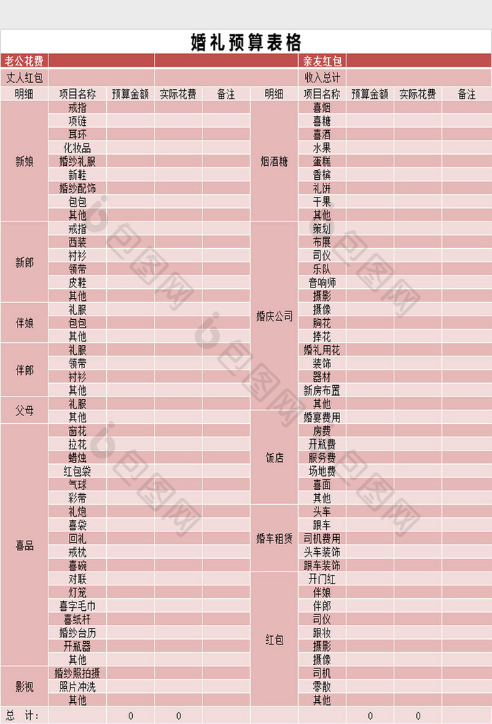 婚礼预算支出表Excel模板