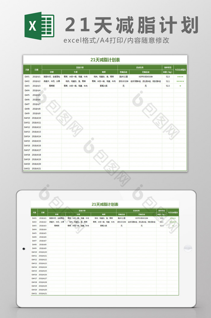 21天减脂计划表Excel模板图片图片