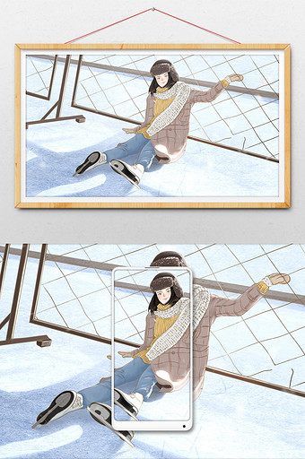 十二月你好之室外滑冰女孩插画图片