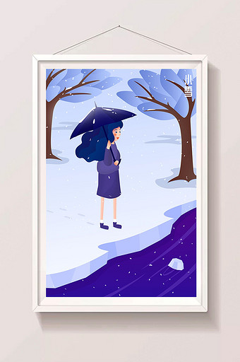 小清新小雪节气节日河边撑伞女孩插画图片