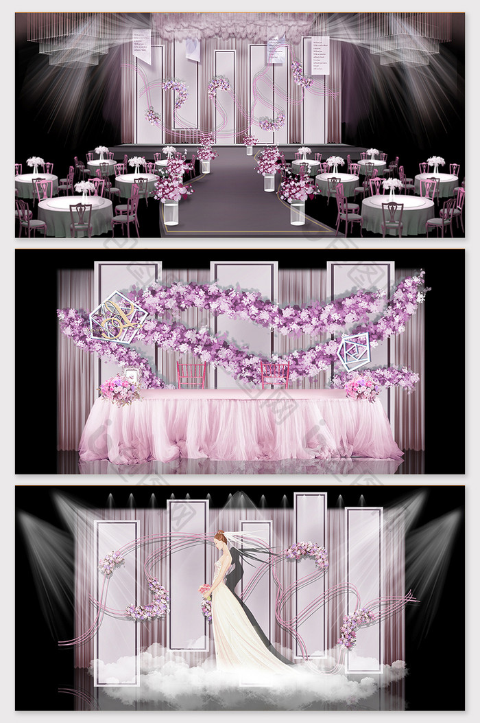 现代唯美紫色简约几何花艺婚礼效果图