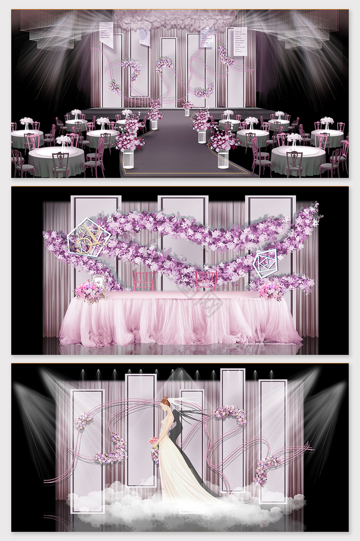 现代唯美紫色简约几何花艺婚礼效果图图片