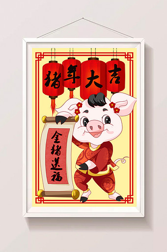 红色喜庆中国风2019新年猪年大吉插画图片