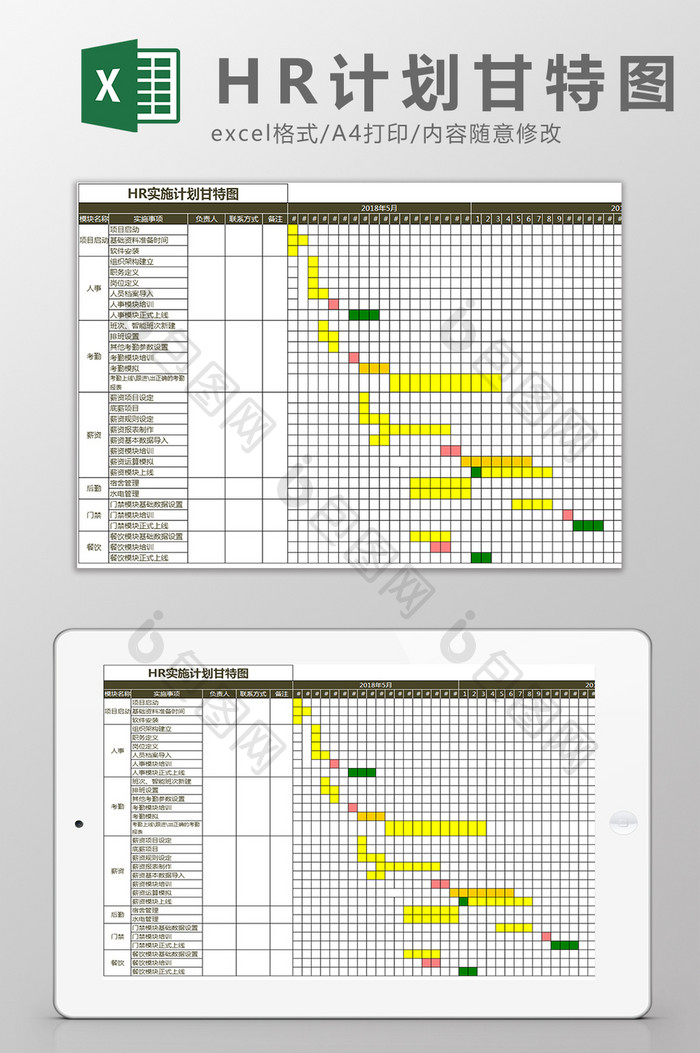 HR实施计划甘特图Excel模板