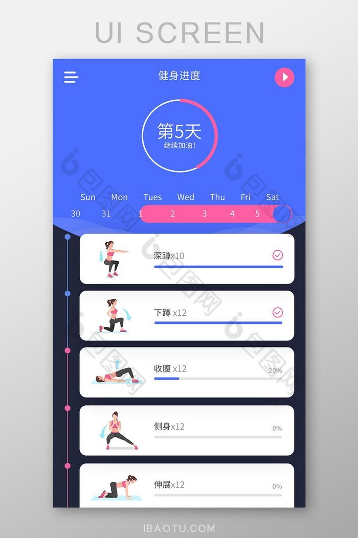 蓝色扁平健身APP健身进度UI界面设计-包图网