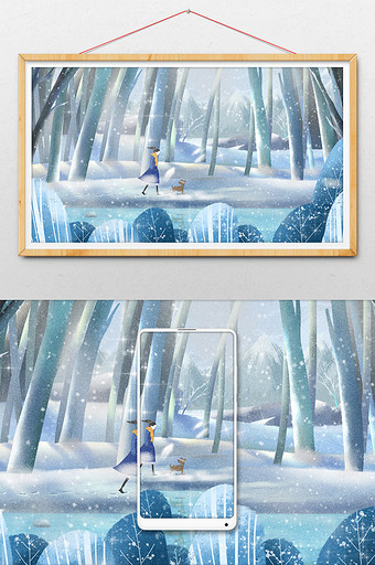 蓝色清新唯美二十四节气立冬插画图片