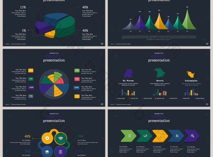 40页箭头多彩信息可视化PPT图表