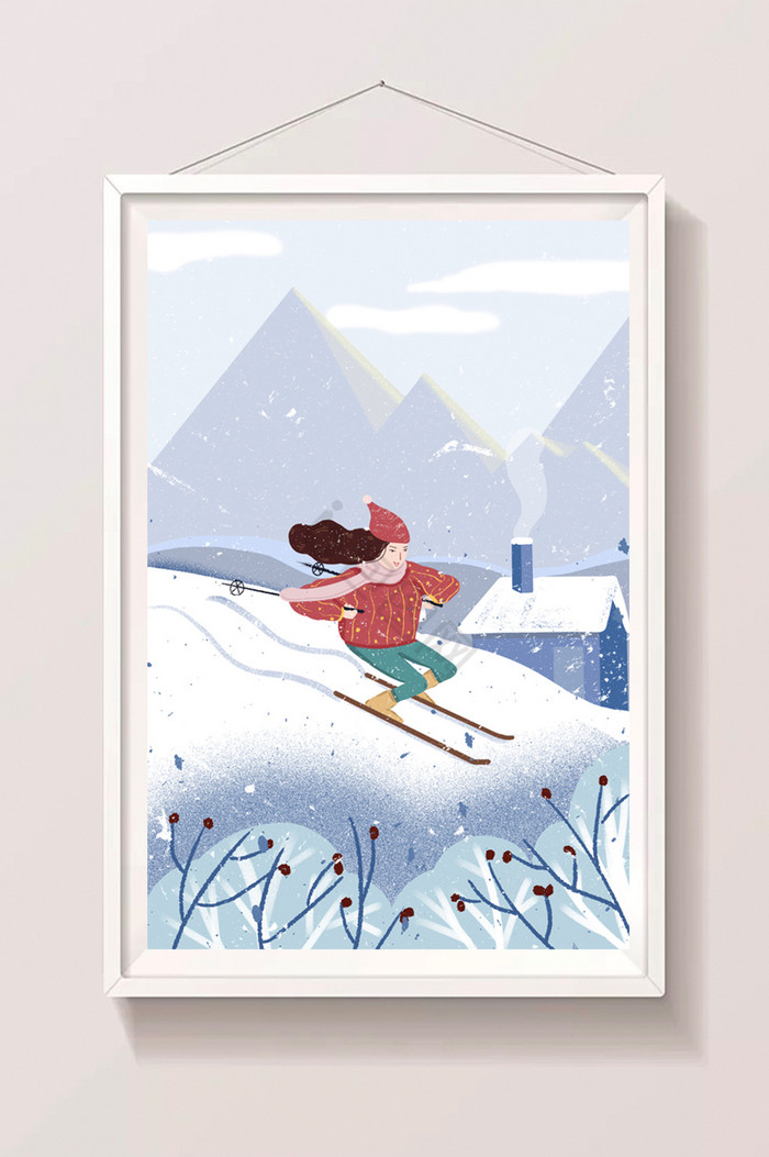 冷色调冬日立冬滑雪插画图片