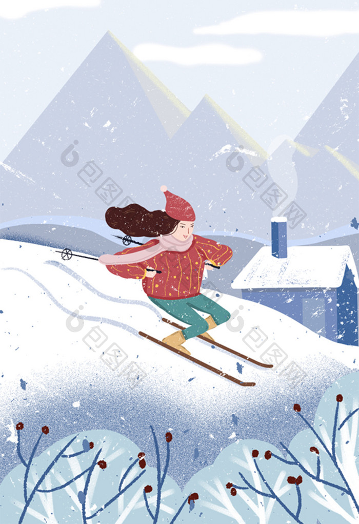 冷色调冬日立冬滑雪场景插画