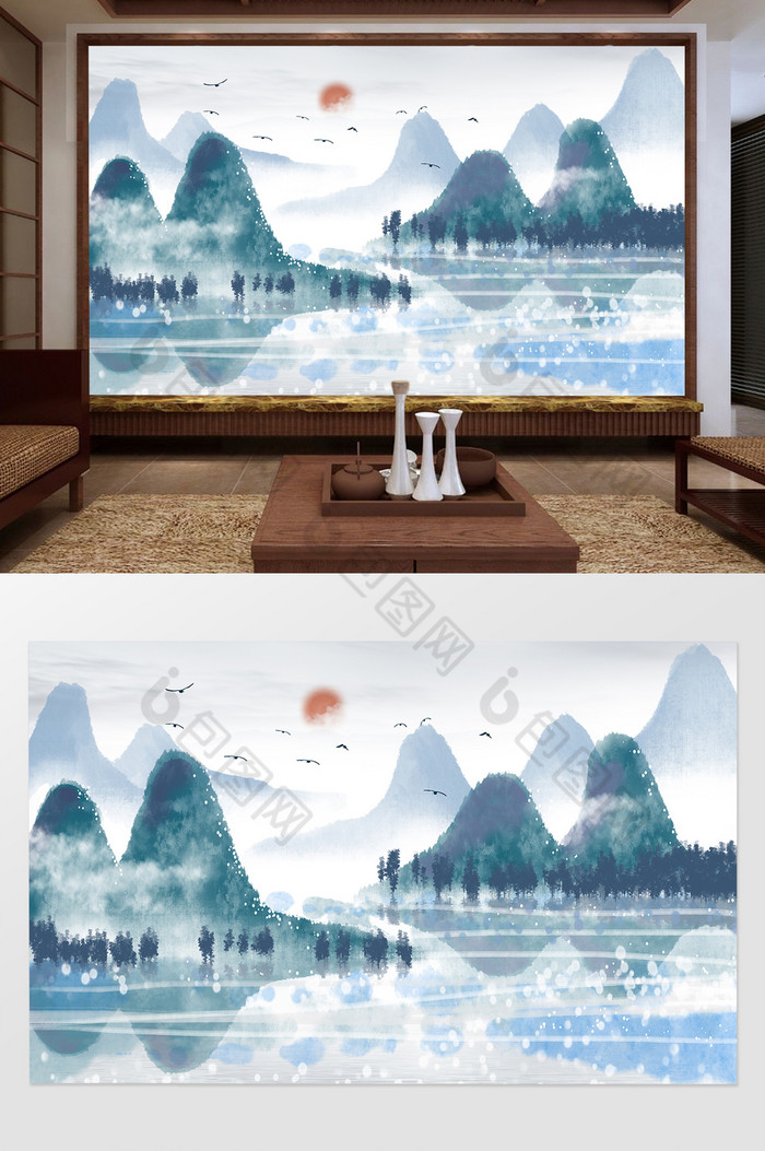 新中式蓝色创意山水背景墙图片图片