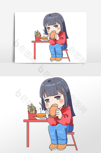 手绘快餐店女孩吃汉堡插画素材图片
