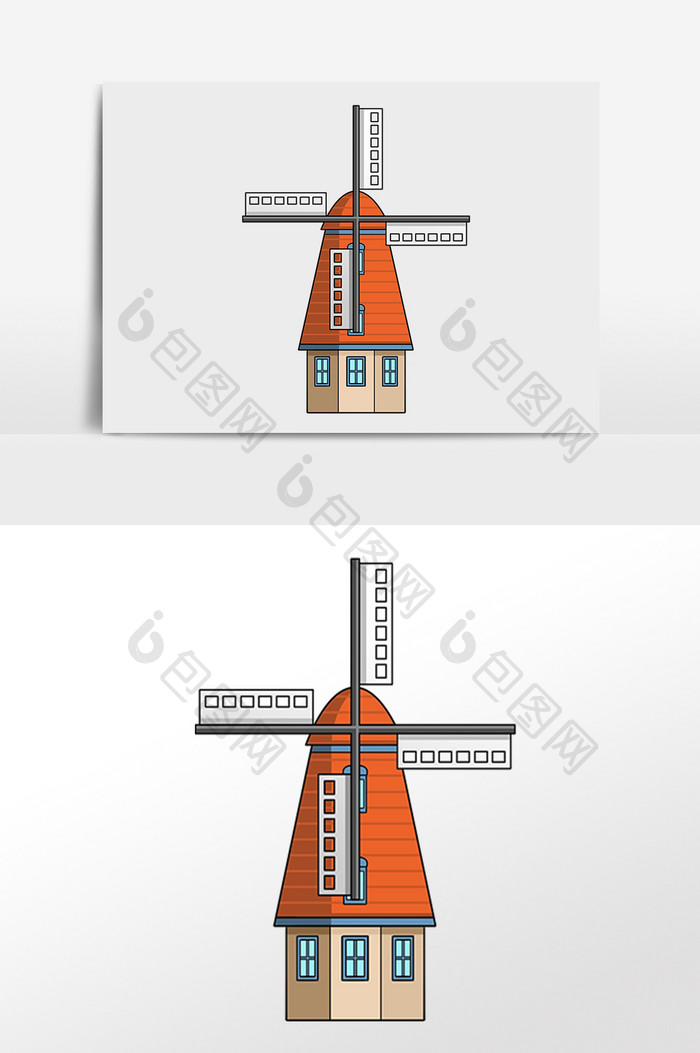 手绘地标建筑荷兰风车插画元素