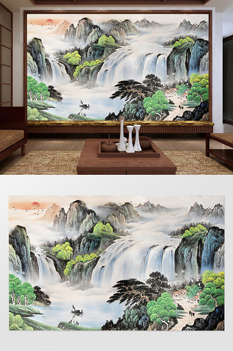 中国风流水生财瀑布电视背景墙图片