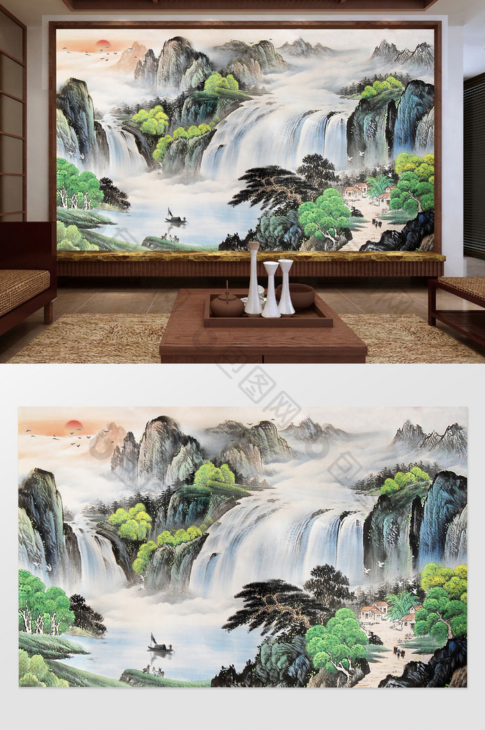中国风流水生财瀑布电视背景墙