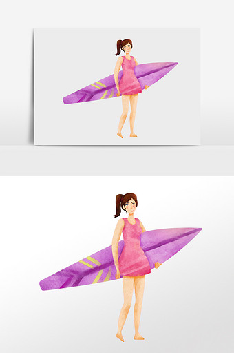 水彩手绘元素度假拿着冲浪板的女人图片