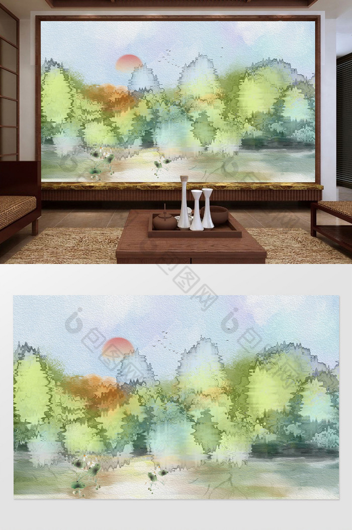 新中式创意意境山水背景墙图片图片