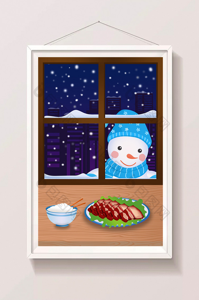 唯美大雪节气窗外的雪人插画