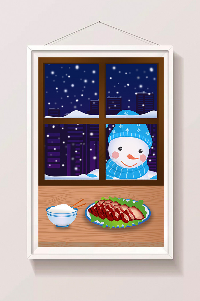 大雪节气窗外的雪人插画图片