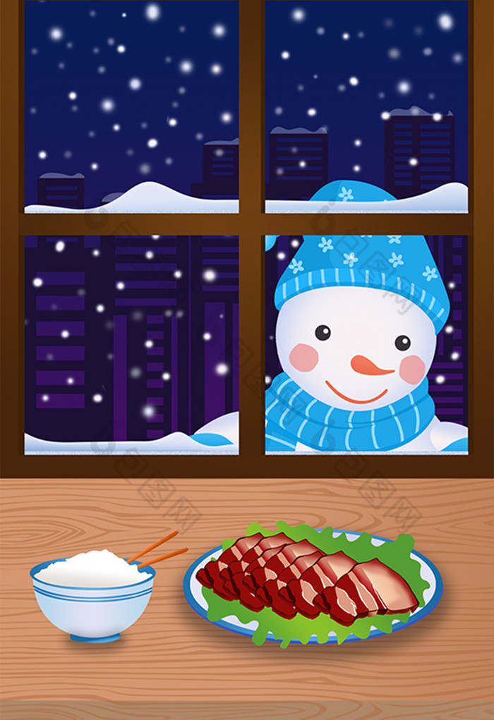 唯美大雪节气窗外的雪人插画