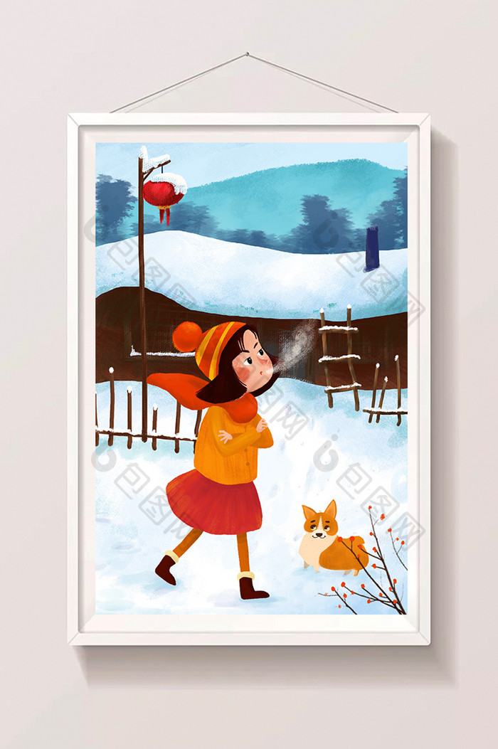 二十四节气大雪立冬小女孩手绘插画海报