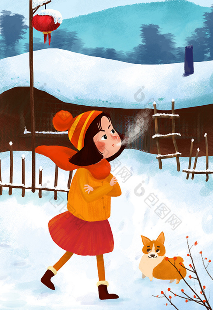 二十四节气大雪立冬小女孩手绘插画海报